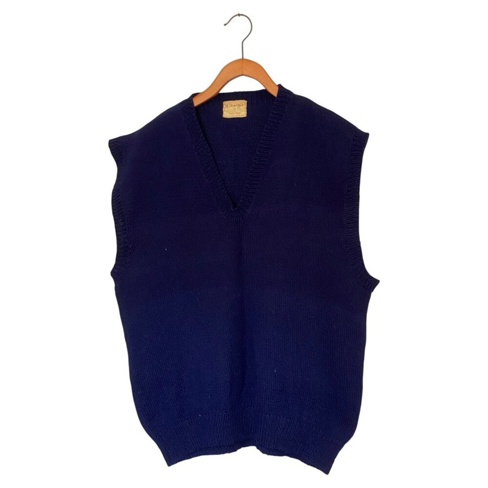 Handmade Blue Sweater Vest Men's Size L Hand Knit Pullover Academia Fall Cotton